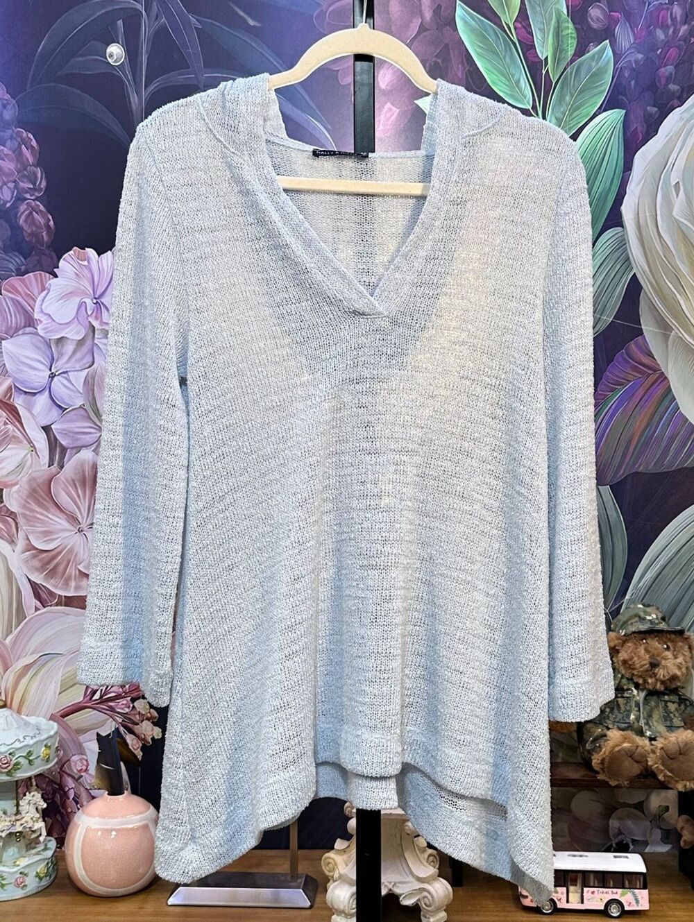 Nally & Millie USA Hooded Open Knit Tunic Sweater Sharkbite Hem Boho Coastal